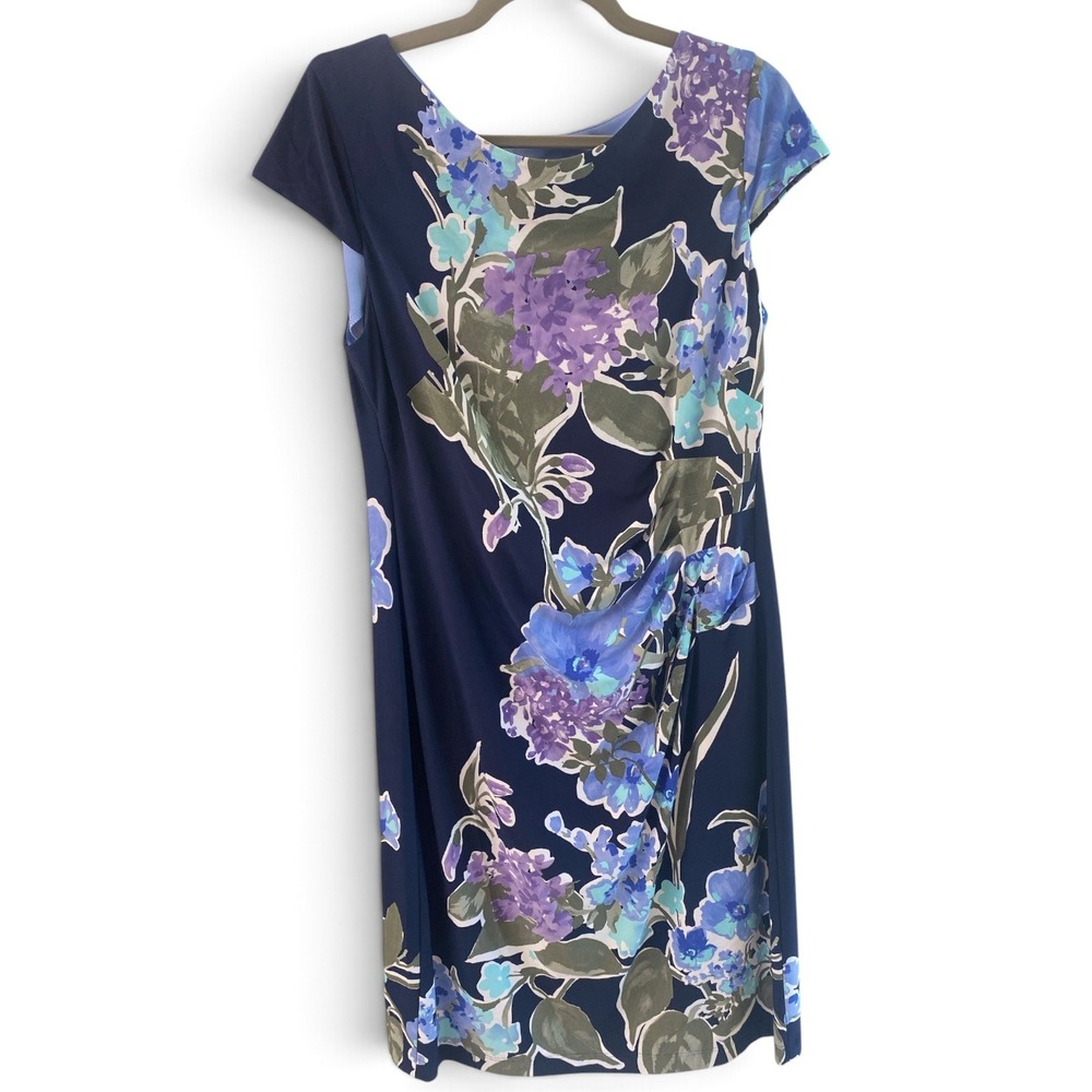 Connected Apparel Navy Blue Floral Ruched Sheath Dress Size 12 Cap Sleeve Knee